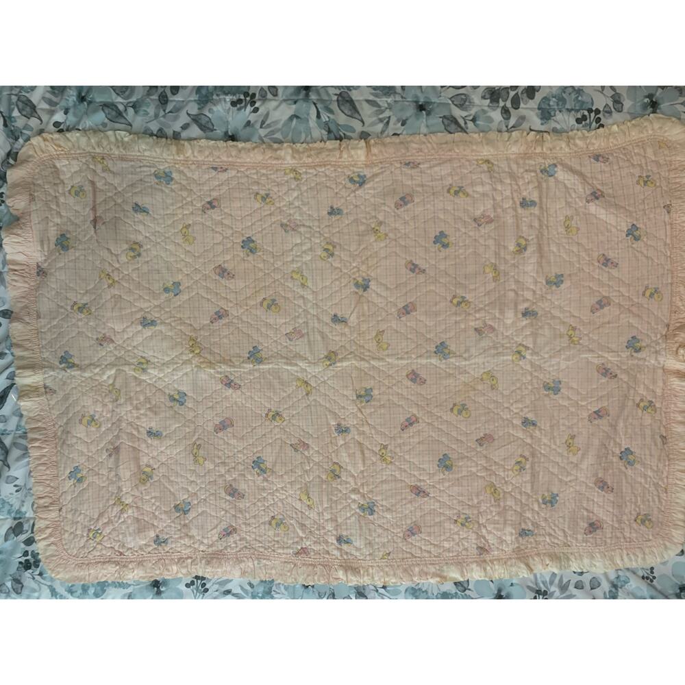 Vintage Baby Blanket – Pastel Animals, Quilted, Satin Trim – 1980s Style